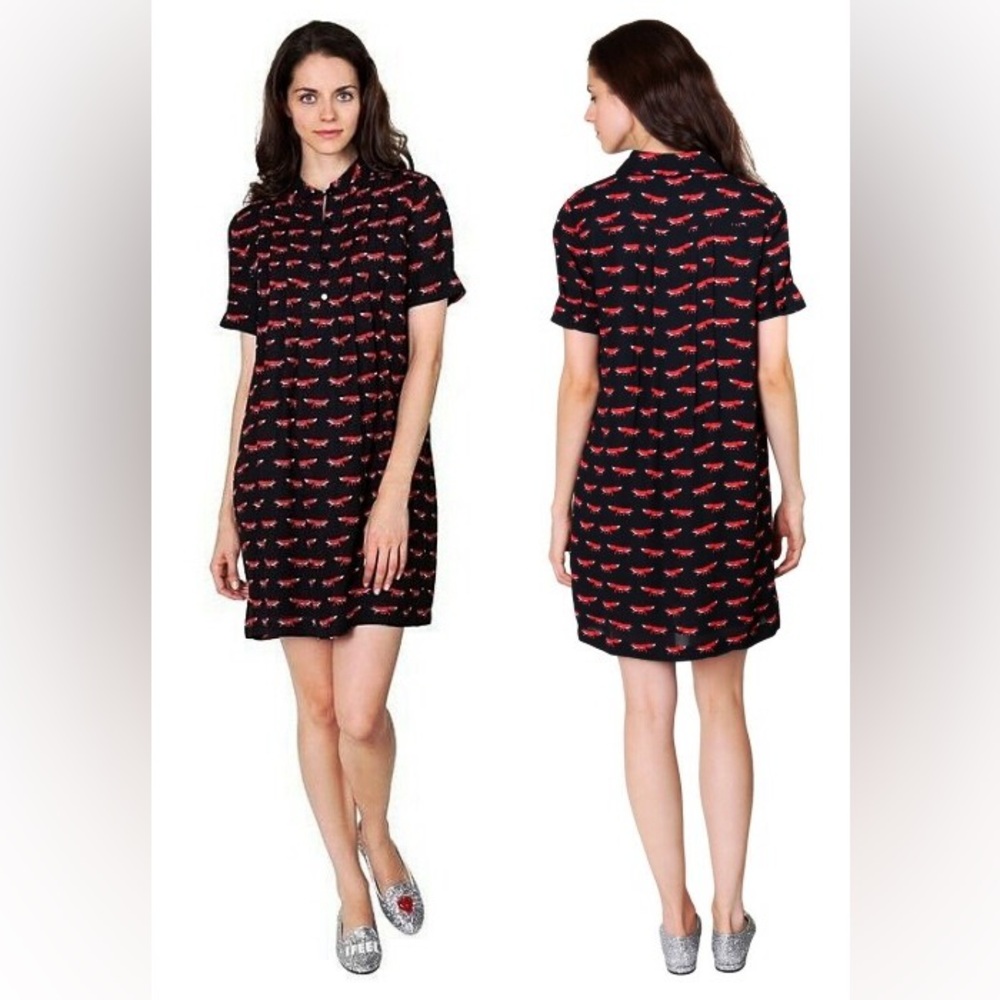 Kate Spade On the Sly Swing Dress in Black and Red Fox Print Size 6